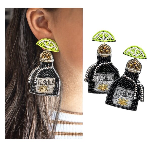 Tequila Bottle With Lime Seed Beaded Earrings - Picture 1 of 2